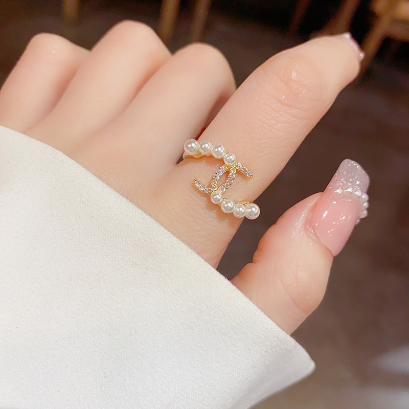 Ins Fashion High-end Sense Small Chanel Style Pearl Zircon Double C Ring Personality Niche Design Elegant All-match Finger Ring