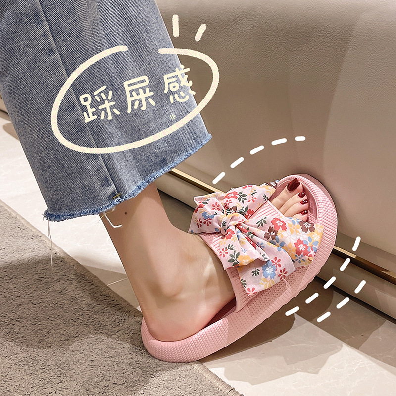 Korean Style Floral Bow Sandals Women's Summer Outer Wear Thick-soled Super Soft Non-slip Slippers Fashionable Beach Shoes
