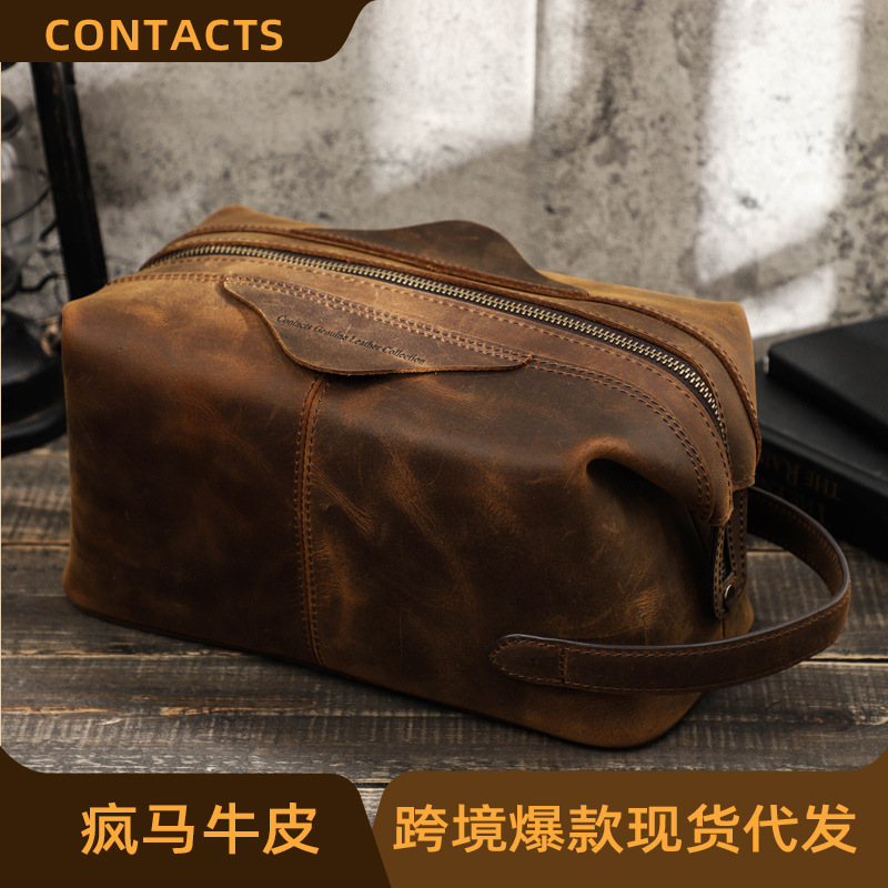 Black Angel Vintage Crazy Horse Cowhide Casual Men's Clutch Bag Large Capacity Genuine Leather Foreign Trade Men's Storage Bag in stock