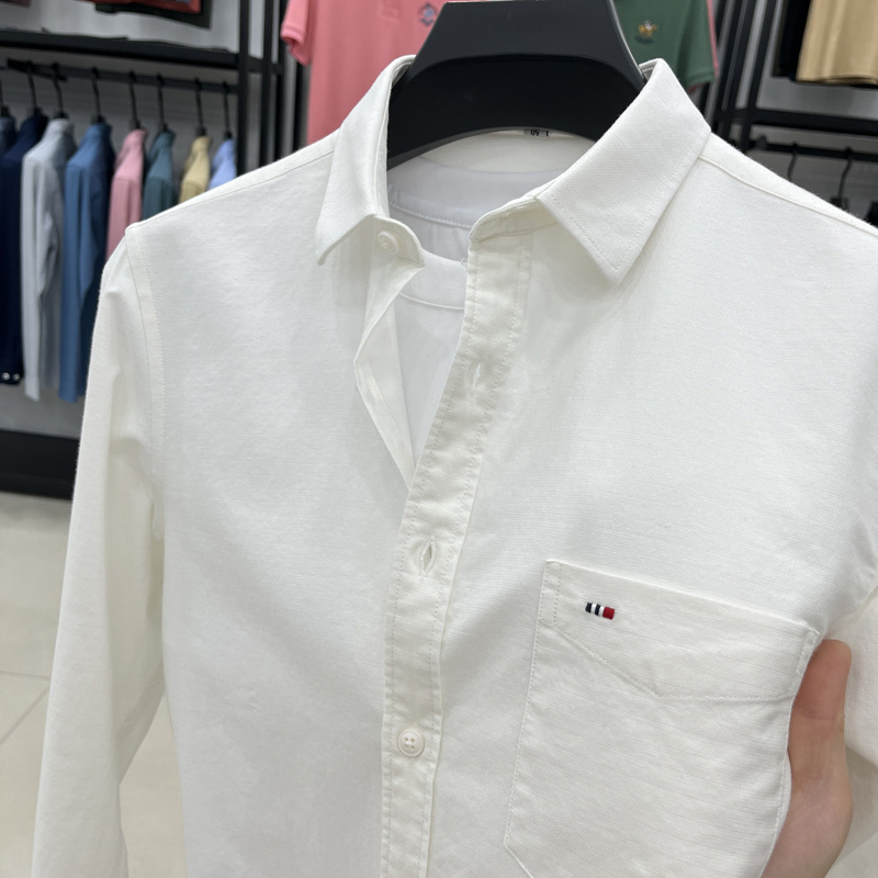 Long Sleeve Shirt Men's Spring and Autumn Pure Cotton Sense Casual Solid Color White Lapel Shirt with Pocket Oxford Spinning Coat