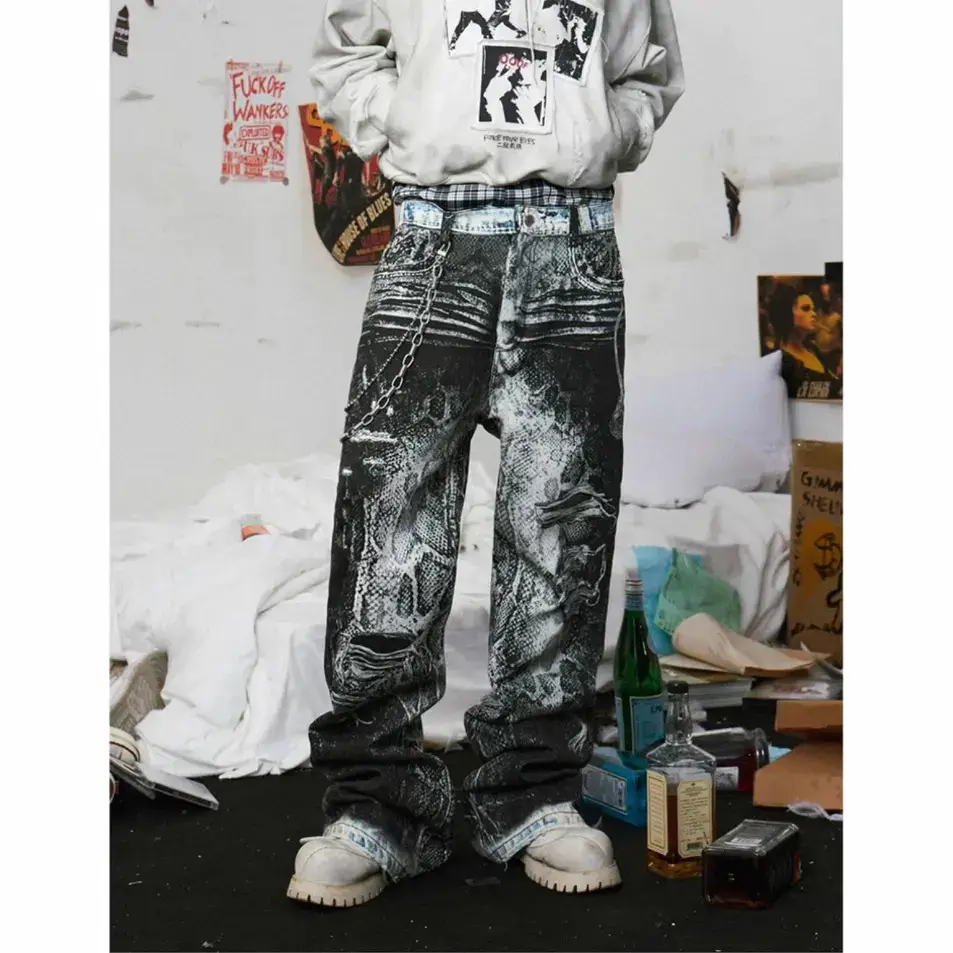Foreign trade little ghost king Linkai with original design digital printing 3D printing pants chain printing straight jeans