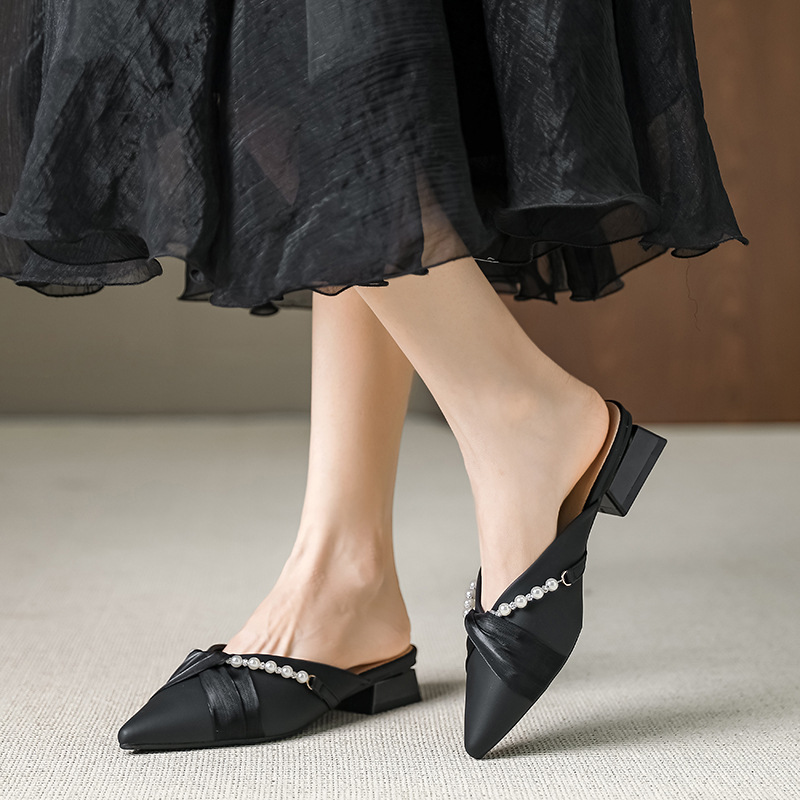 2025 Spring and Summer New Shoes Women's French Style Half-Tow Fairy Style Toe Sandals Pointed Toe Chunky Heeled Women's Shoes Y6011-22