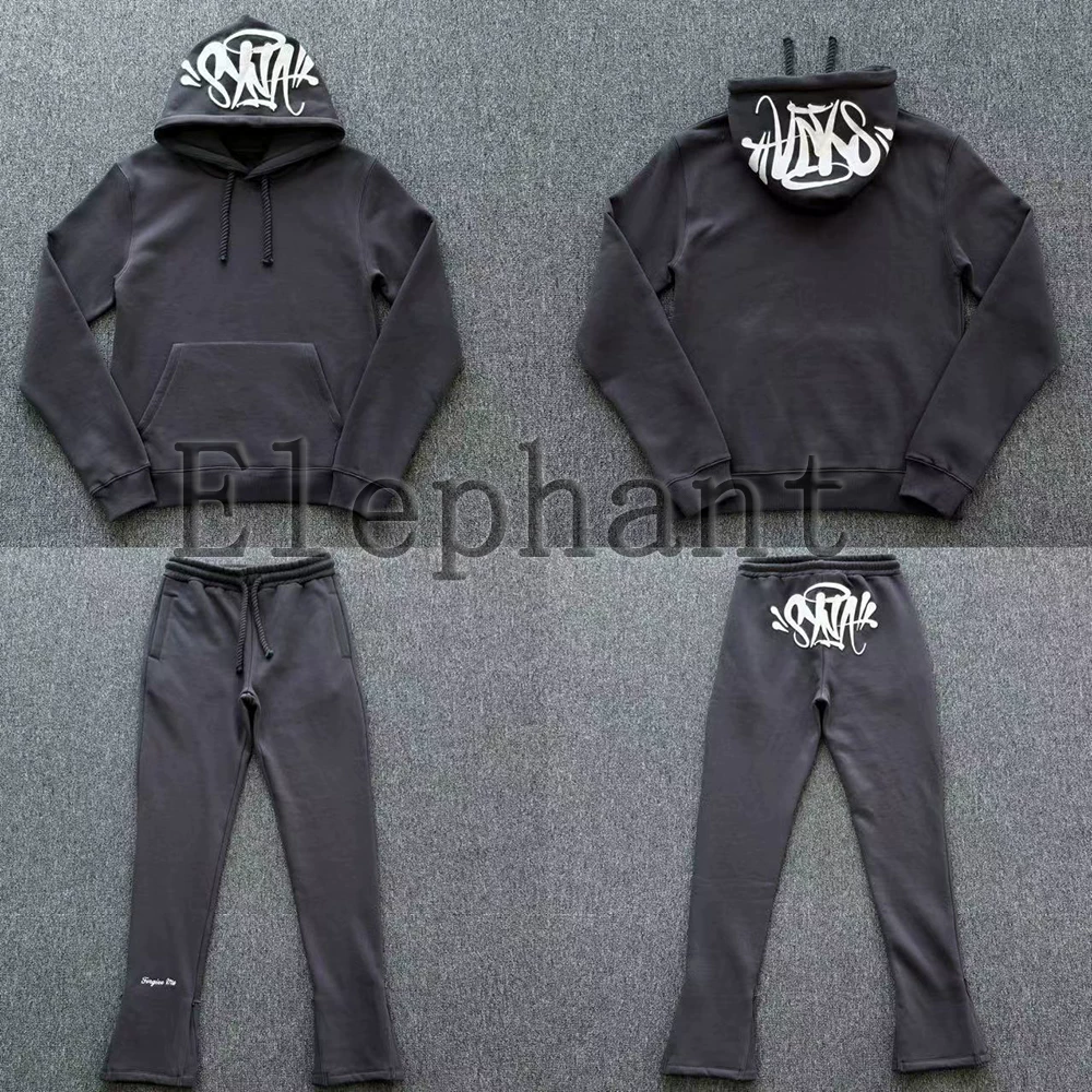 DRILL SYNA WORLD European and American Trendy Casual Sports Hoodie White Printed Grey Fabric Set