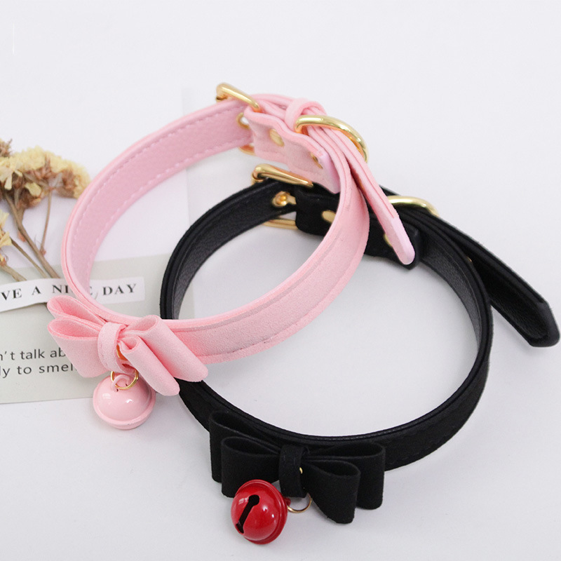 Bow soft leather buckle neck ring personality pink black leather collar people and pets can wear PJ0540