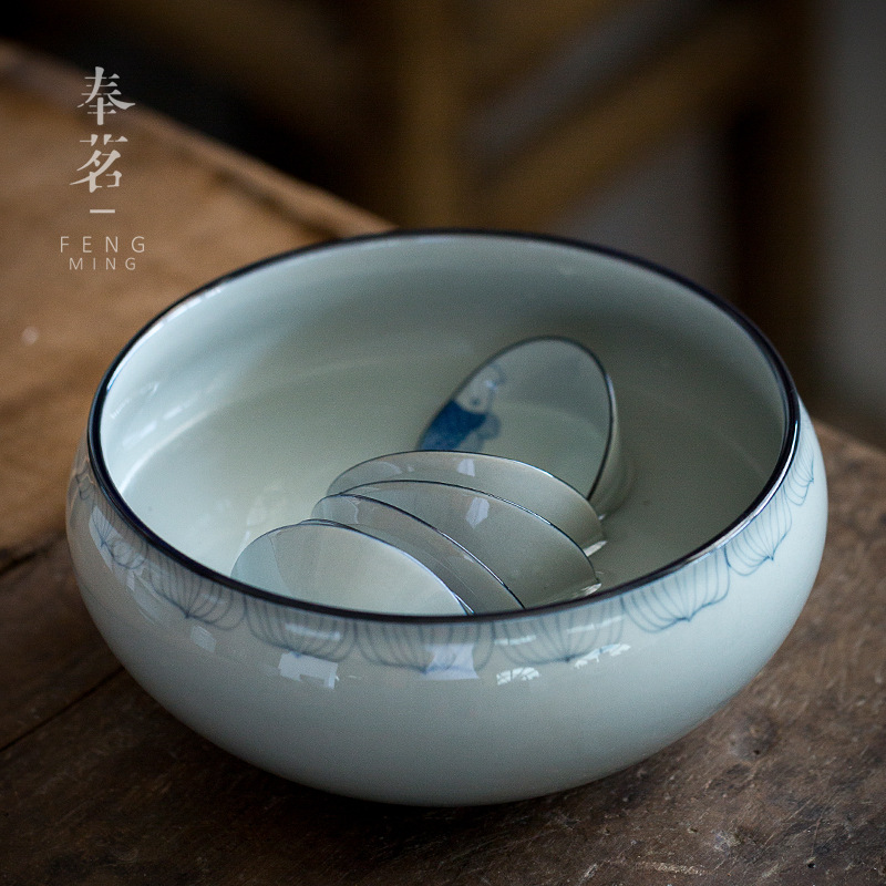 Hand-Painted Antique-Style Blue and White Washed Ceramic Pen Holder, Vintage Underglaze Colored Water Basin Accessory, Purple Clay