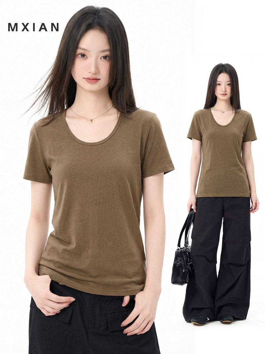Summer Simple Snowflake Cotton Women's Short-Sleeved Solid Color Large Round Neck 160g Loose and Comfortable Casual Top for Daily Outings