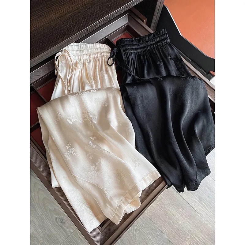 New Chinese Acetic Acid Satin Jacquard Thin Wide Leg Pants Women 2024ISN New High Waist Straight Pants Slim