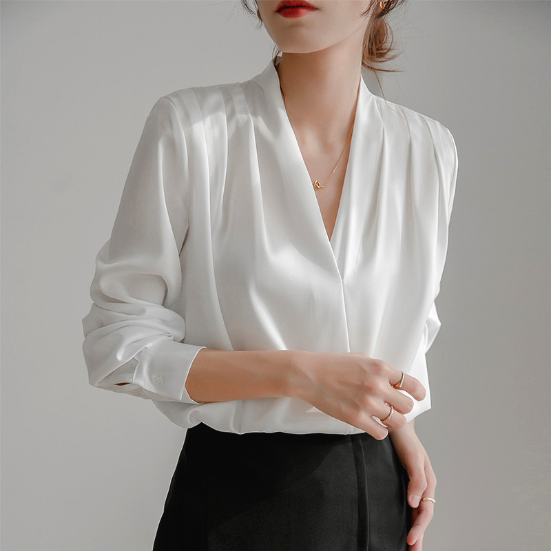 French Satin White Shirt Women's Design Niche Long-Sleeved V-Neck Draped Versatile High-End Professional Elegant Top