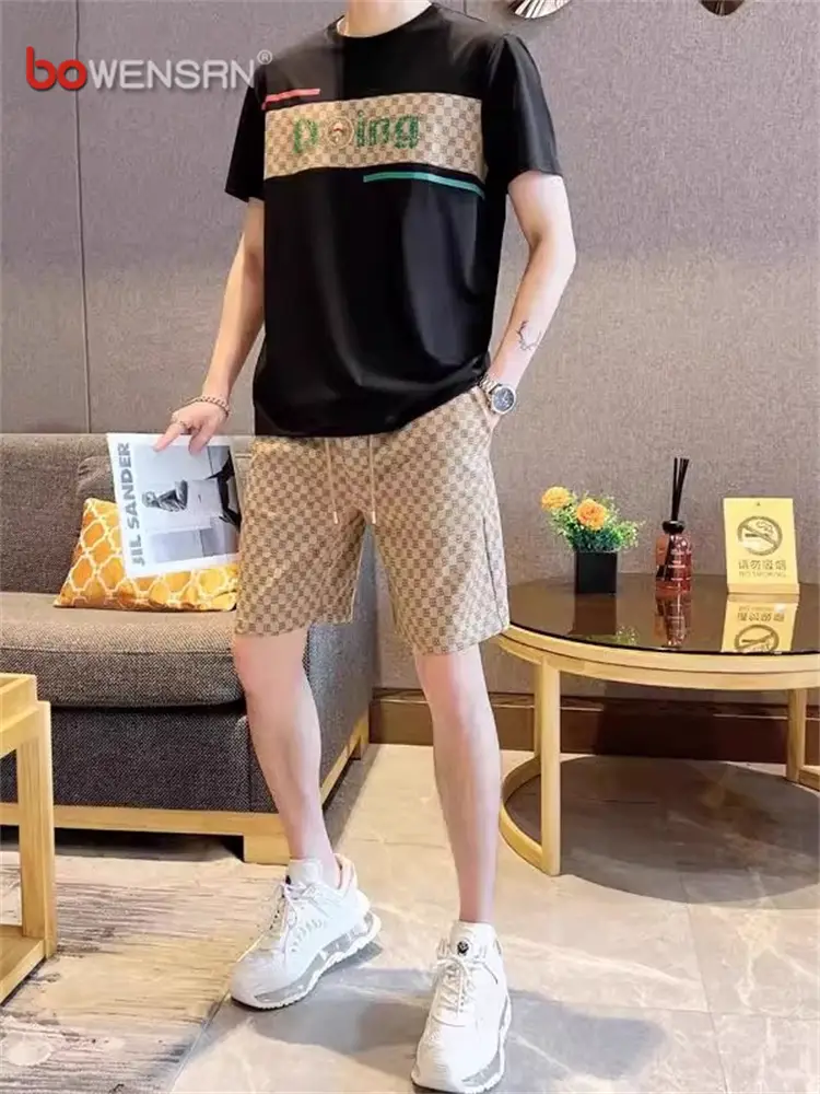 European Ice Silk Casual Short-Sleeved T-Shirt Suit Men 2025 New arrival Summer Fashion Sports Matching Set for Men