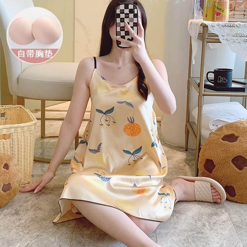 Ice Silk Sleeveless Pajamas for Women in Summer with Breast Pads, Sexy Imitation Silk Suspender Nightgown for Small People, Home Clothes That Can Be Worn Outside