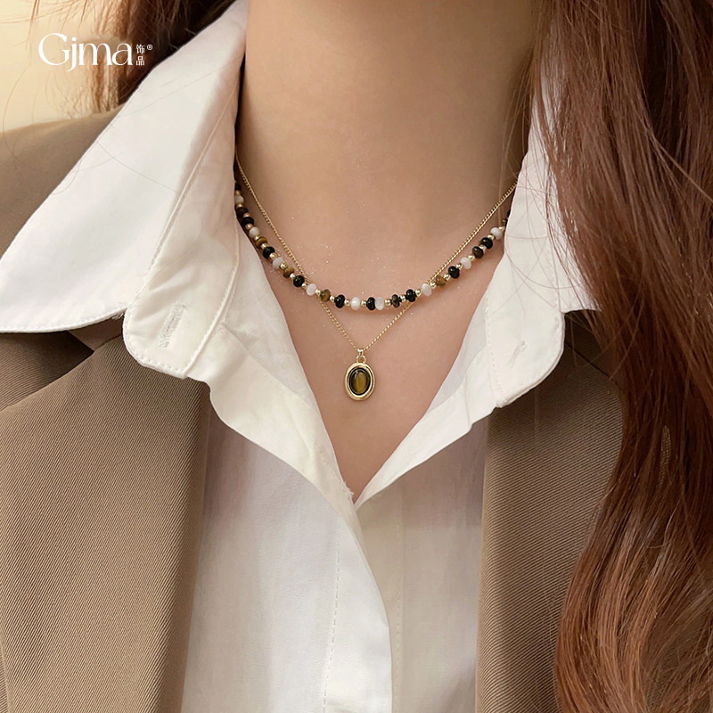 Real Gold Electroplated Maillard Artificial Tiger Eye Stone Necklace Retro Sweater Chain Clavicle Chain Fashion High-End Necklace for Women