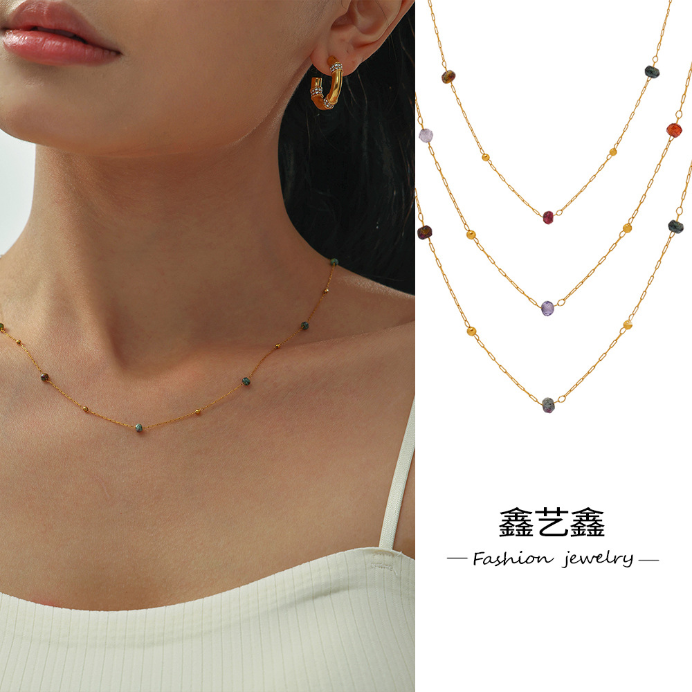 Xinyixin Stainless Steel 2mm Natural Stone Faceted Ultra-Fine Cross Chain Handmade Beaded Necklace Jewelry in Light Luxury Style