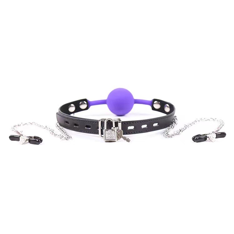Sex toys leather silicone mouth plug ball chain milk clip with lock adult SM alternative sex toys factory wholesale