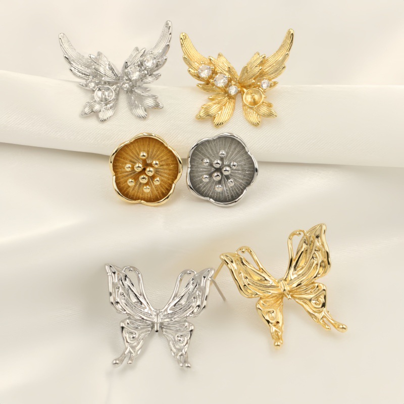 Gold-Plated Copper White Gold Flowing Butterfly/Brushed Angel Wings/Three-Dimensional Flower Earrings with S925 Silver Pins DIY