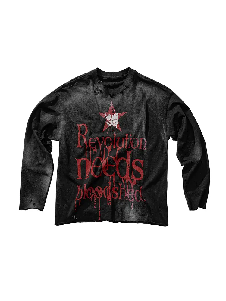 Lloyd's Bond (L) Revolution Needs Bleeding Slogan Spray Color Destroyed Curled Pure Cotton Washed Long Sleeves
