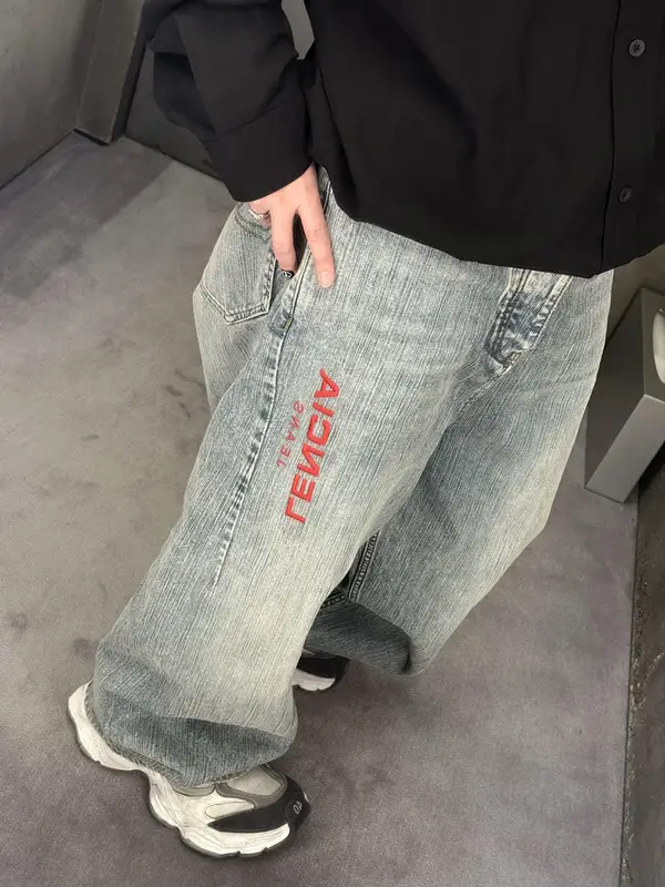 Sex-Free Summer Trendy Old Contrast Color Embroidered Letter Denim Trousers Men's and Women's Loose Casual Straight Pants