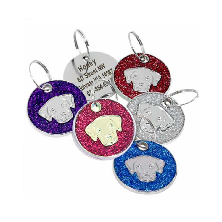Round Glitter Dog Tag Pet Collar Pendant Anti-Loss Nameplate Jewelry Laser Engraving Military Tag Anti-Loss Device