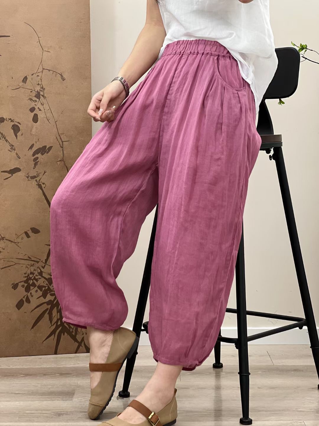 2026 Summer New Style Artistic Composite Ramie Double-Layer Casual Carrot Pants Versatile Loose Slimming High-Waisted Casual Pants