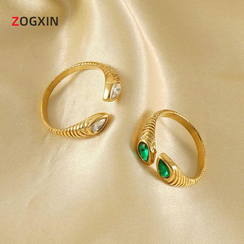Amazon European and American retro water drop zircon ring female ins niche 18K stainless steel threaded open ring jewelry