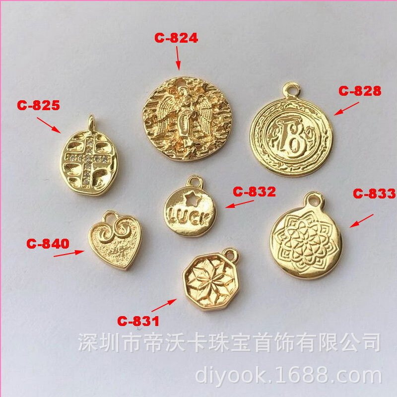 Copper Plated 14K True Gold Plated Heart-Shaped Round Coin B- Shaped Relief Figure Inlaid Stone Cross Pendant Tail Pendant