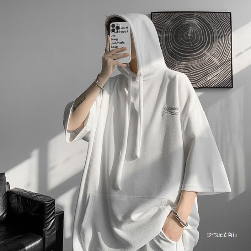 Plus Size 150kg Ins Hong Kong Style Hooded Short-Sleeve T-Shirt for Men and Women, Summer Trendy Brand, Loose and Versatile