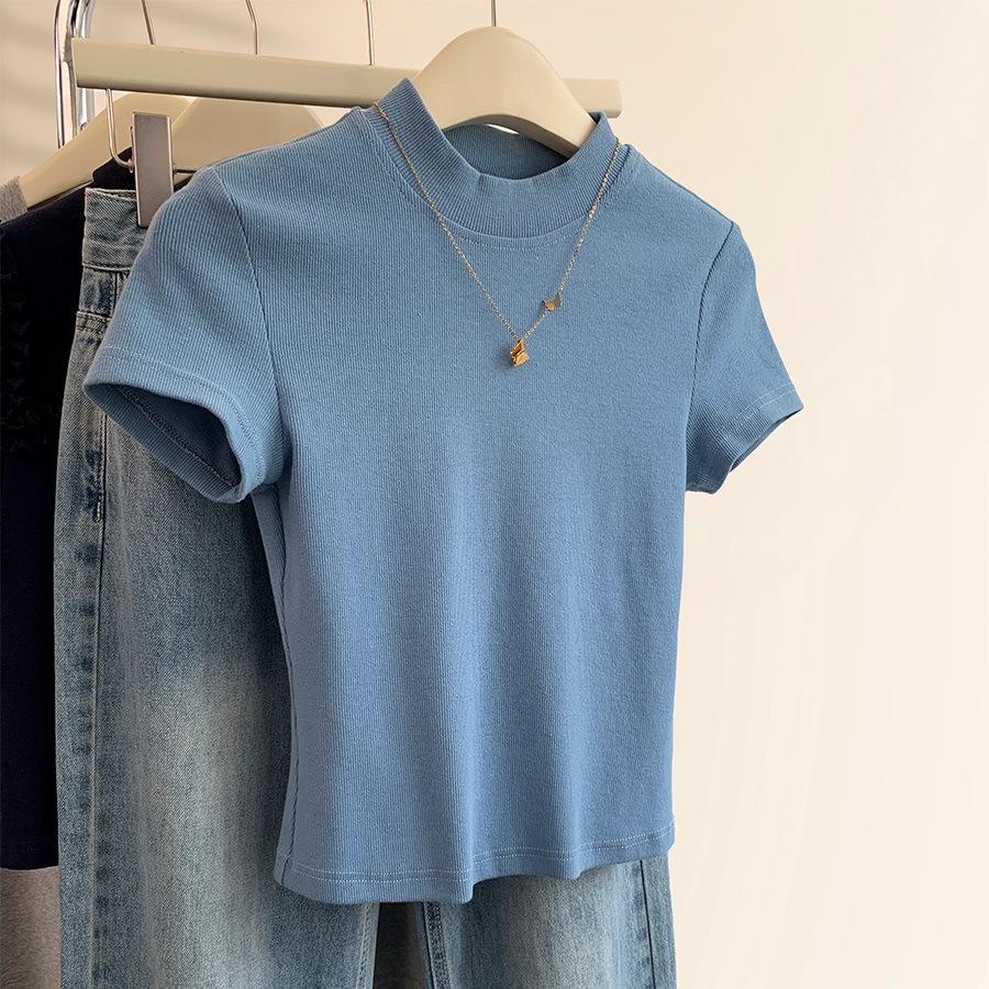 2026 Autumn New Blue Half-High Collar Short-Sleeve T-Shirt for Women, Spring and Summer Solid Color Slim-Fit Regular Shoulder Short-Sleeve Base Shirt