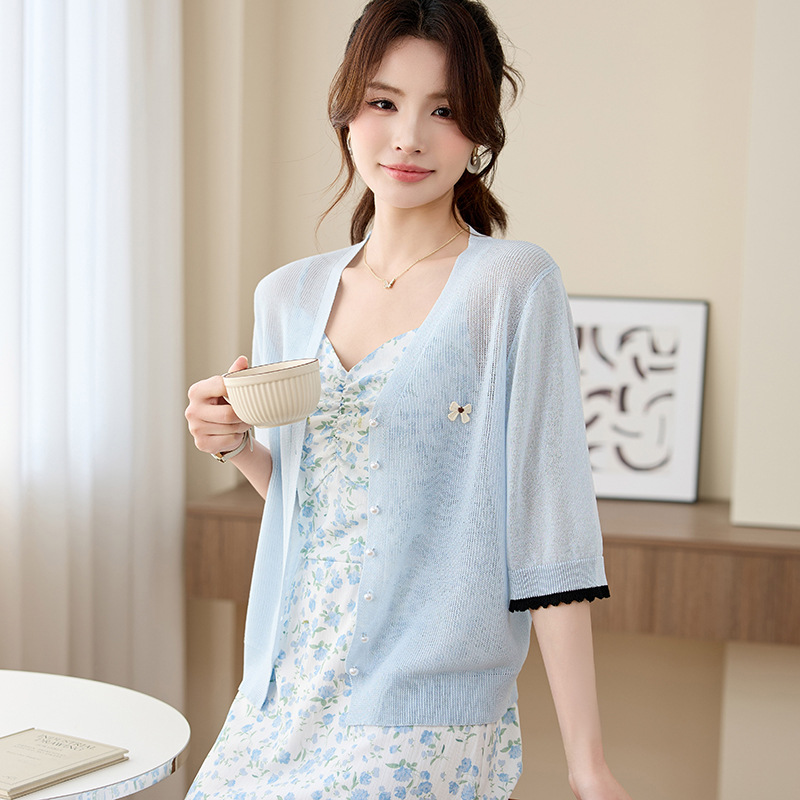 V-Neck Ice Silk Knitted Cardigan for Women, 2026 Summer New Style, Vertical Striped Slim-Fit Sweater, Fashionable Air-Conditioning Shirt