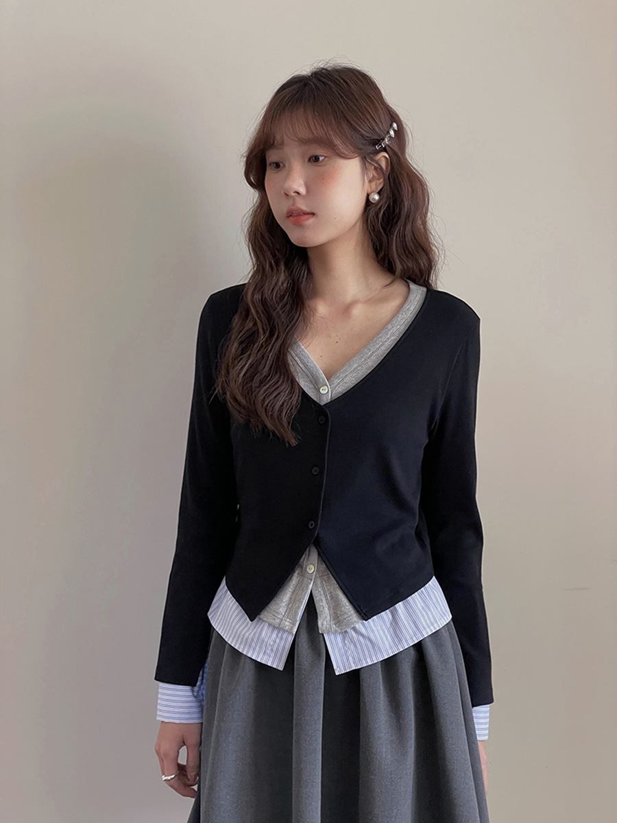 【Fashionable Commuting Rules】Geming Korean-Style Fake Two-Piece Knitted Cardigan Spring New Long-Sleeve Top Y2776F