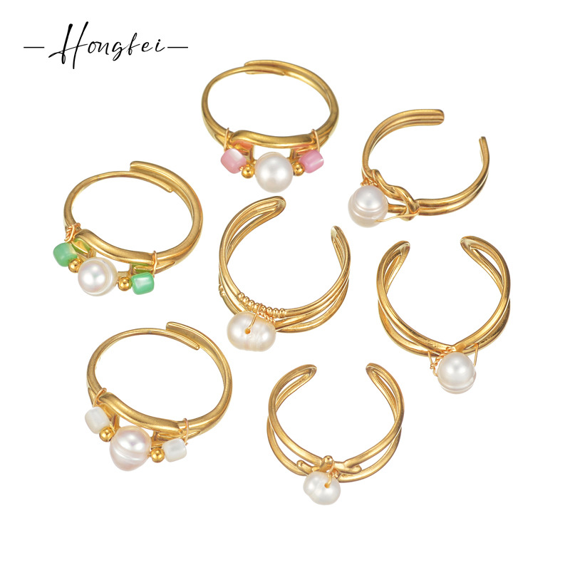 Amazon's Popular Stainless Steel 18K Gold Personalized Creative Pearl Ring for Women, Niche Light Luxury High-End Index Finger Ring