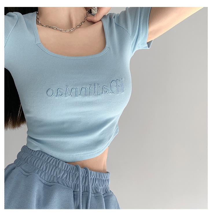 American Vintage Letter Embroidered Slim-Fit Base Shirt Square Collar Low-cut Collarbone Short-sleeved T-shirt Navel-exposed High-waisted Top