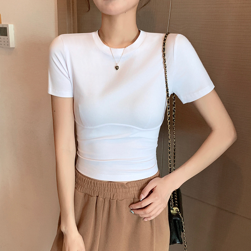 Short-Sleeved T-Shirt Top for Women, Cropped and Revealing the Navel, Trendy Summer Versatile Solid Color Base T-Shirt with Round Neck