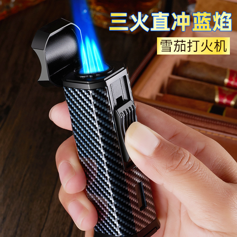 With Cigar Cutter, Three Straight Blue Flame Cigar Lighter, All-Metal Gas Straight Blue Flame Lighter, Customized Cross-Border