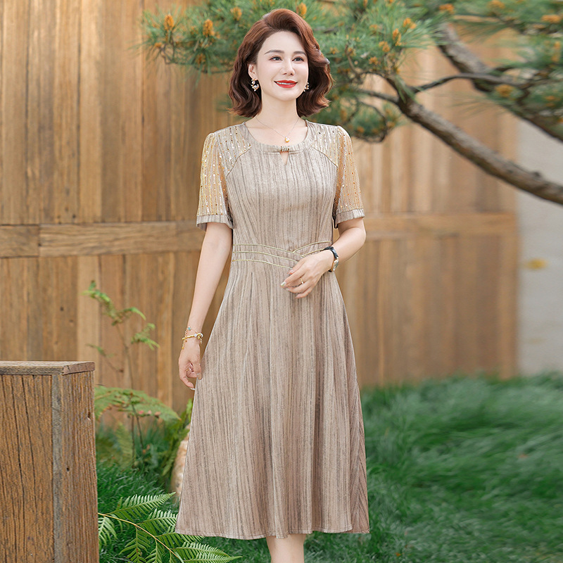 Dress 2025 New Style Women's Spring and Summer Middle-Aged and Elderly Women's Fashion Dress for Mothers, Mid-Length Short-Sleeve Color-Blocking Dress for Mother-In-Law