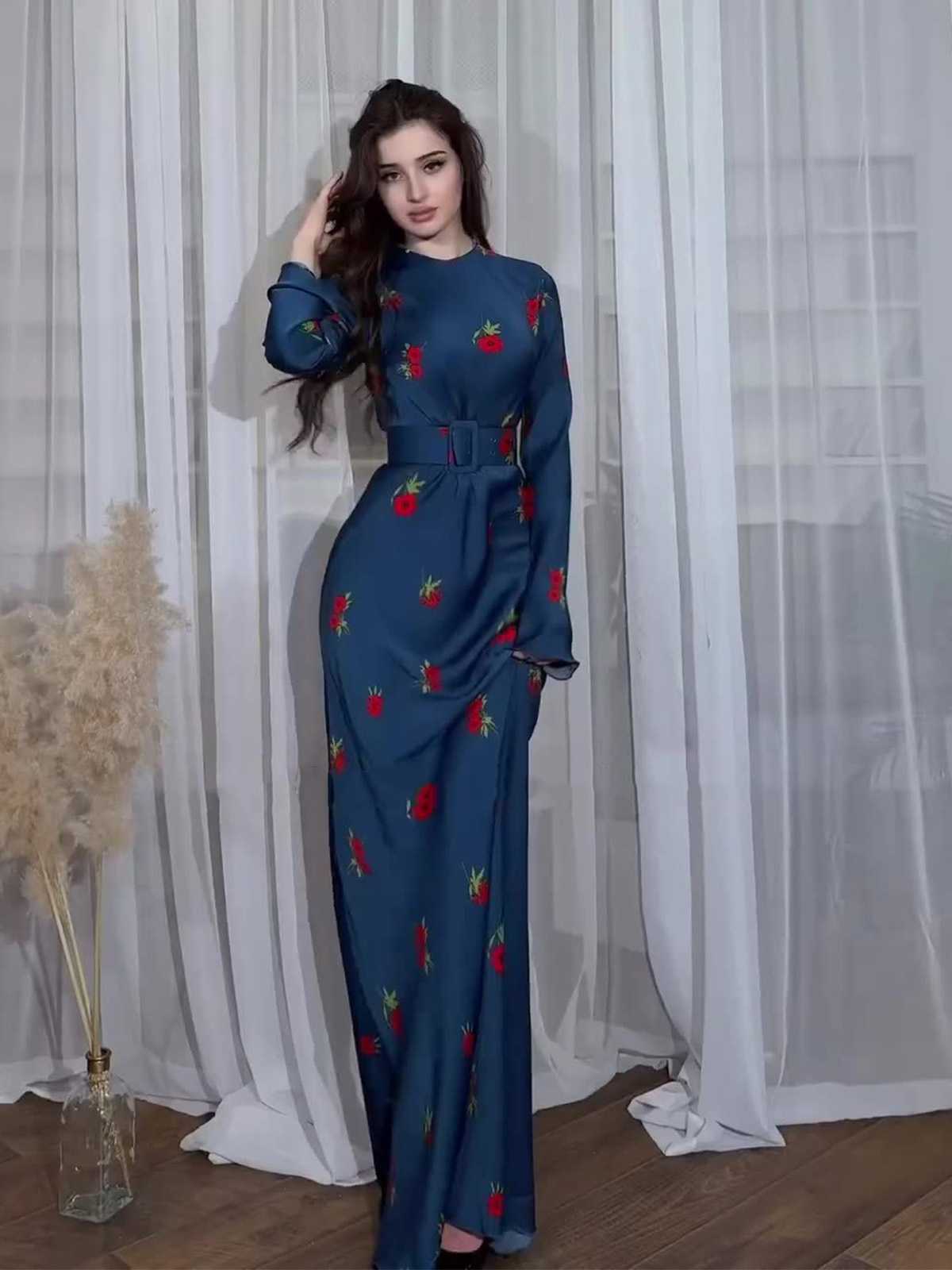 Amazon 2026 European and American Fashion Summer Long-Sleeved Fashionable Round-Neck Ice Silk Breathable Floral Print Lady's Long Dress