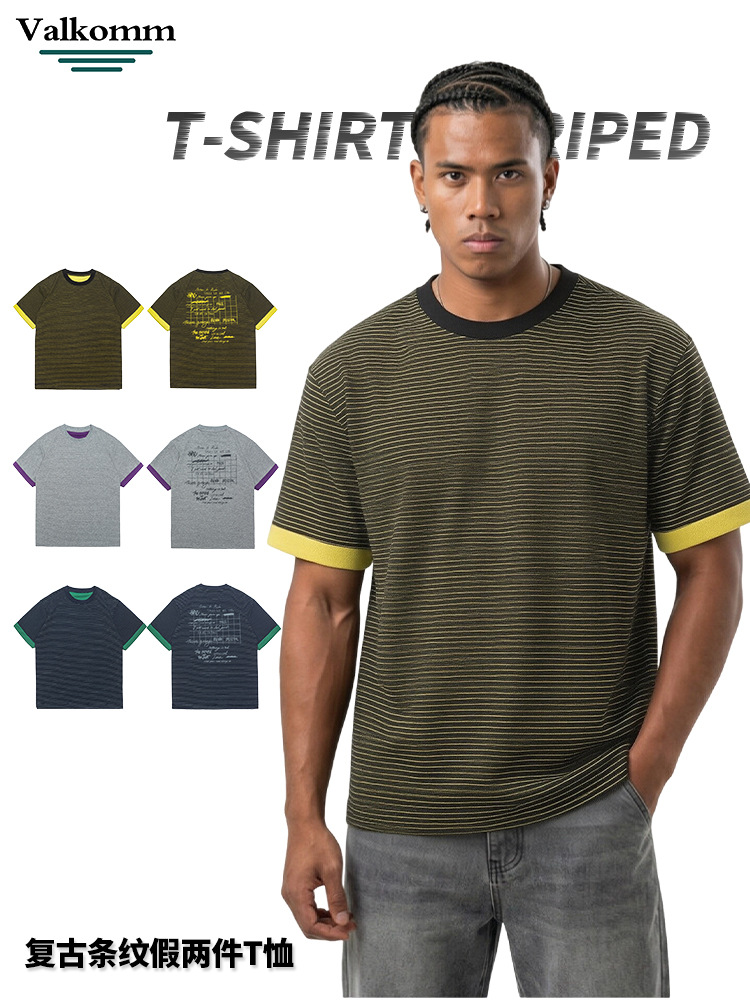 Laikke American Retro Color-Block Striped T-Shirt for Men, New Summer Design with Printed Loose Casual Short-Sleeve Top
