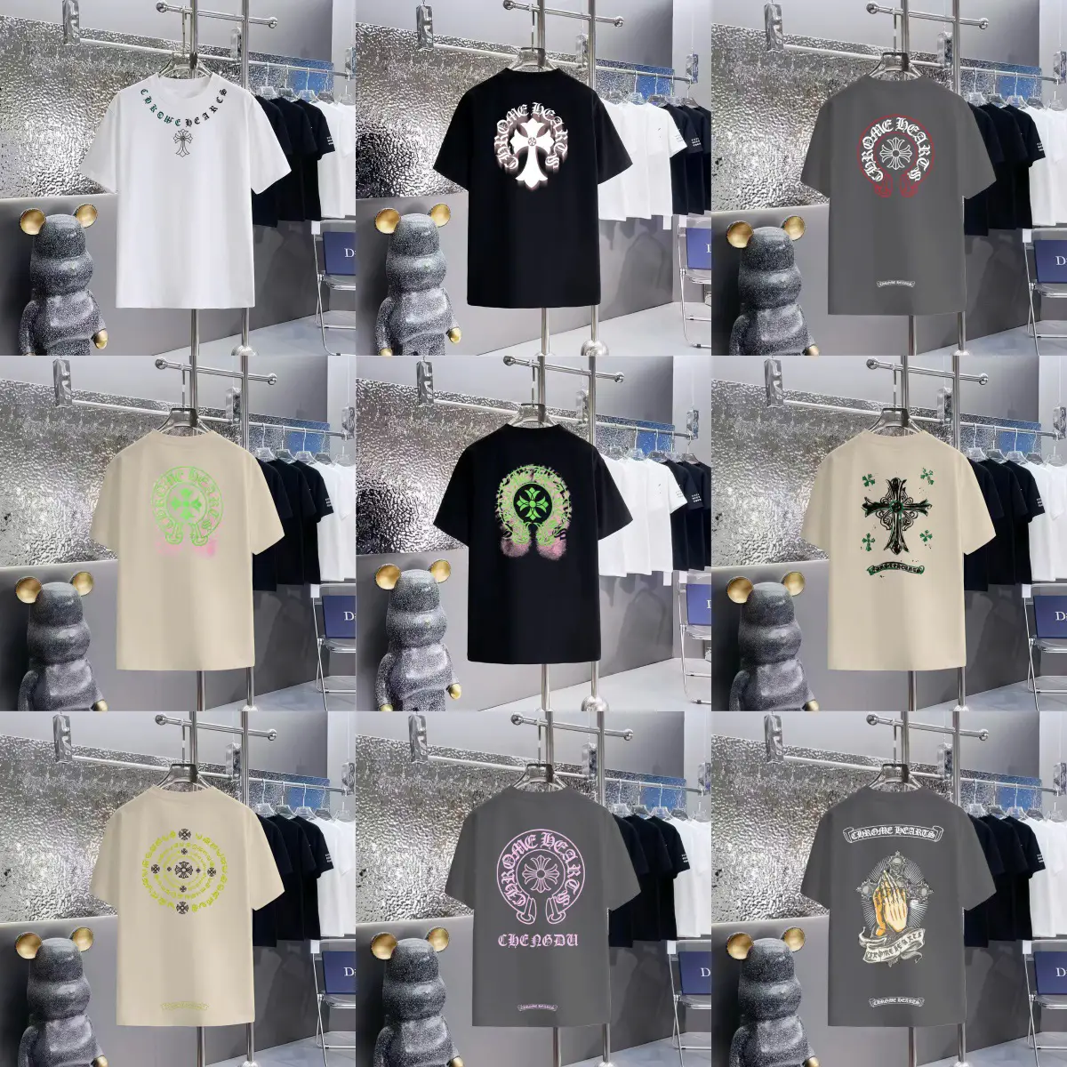 300g Cross-Border Ch- Crowe Cross Print Trendy Brand Round Neck Short-Sleeved Loose Version Men's and Women's T-Shirts in Stock