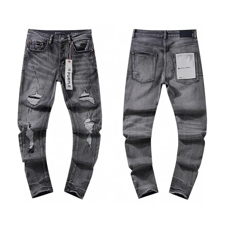 Purple Brand Trendy Ripped Distressed Jeans American Street Style Unisex High Street Casual Straight-Leg Pants