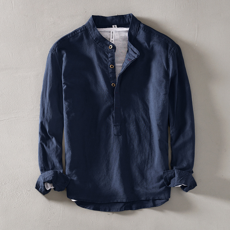L959 Cotton and Linen Casual Shirt Pure Color Stand Collar Pullover Long Sleeve Cotton and Linen Shirt (75% Cotton 25% Linen)
