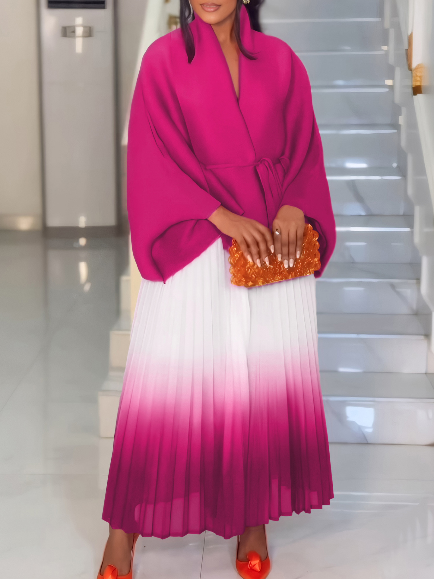 C8610 African plus size Women's Spring New Fashion Strap Bat Sleeve Top Gradient Color-changing Skirt Two-piece Set