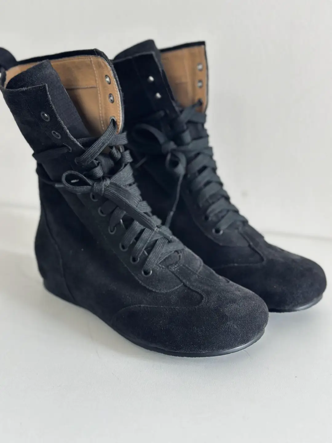 Round-Toe Boots Men's High-Top Boxing Boots Canvas Lace-Up Martin Boots Unisex Flat-Soled Retro Trendy Denim Boots for Commuting