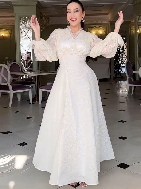 Amazon 2025 Europe and the United States cross-border summer temperament V-neck waist slimming bubble sleeve fairy long sleeve dress