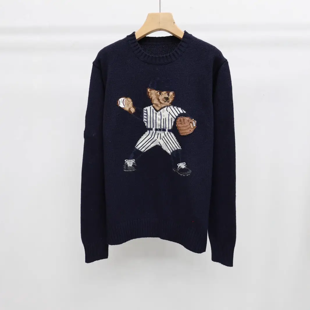 Autumn and Winter 2024 New Heavy Industry Wool Cashmere Cartoon Bear Crewneck College Women's Age-reducing Sweater