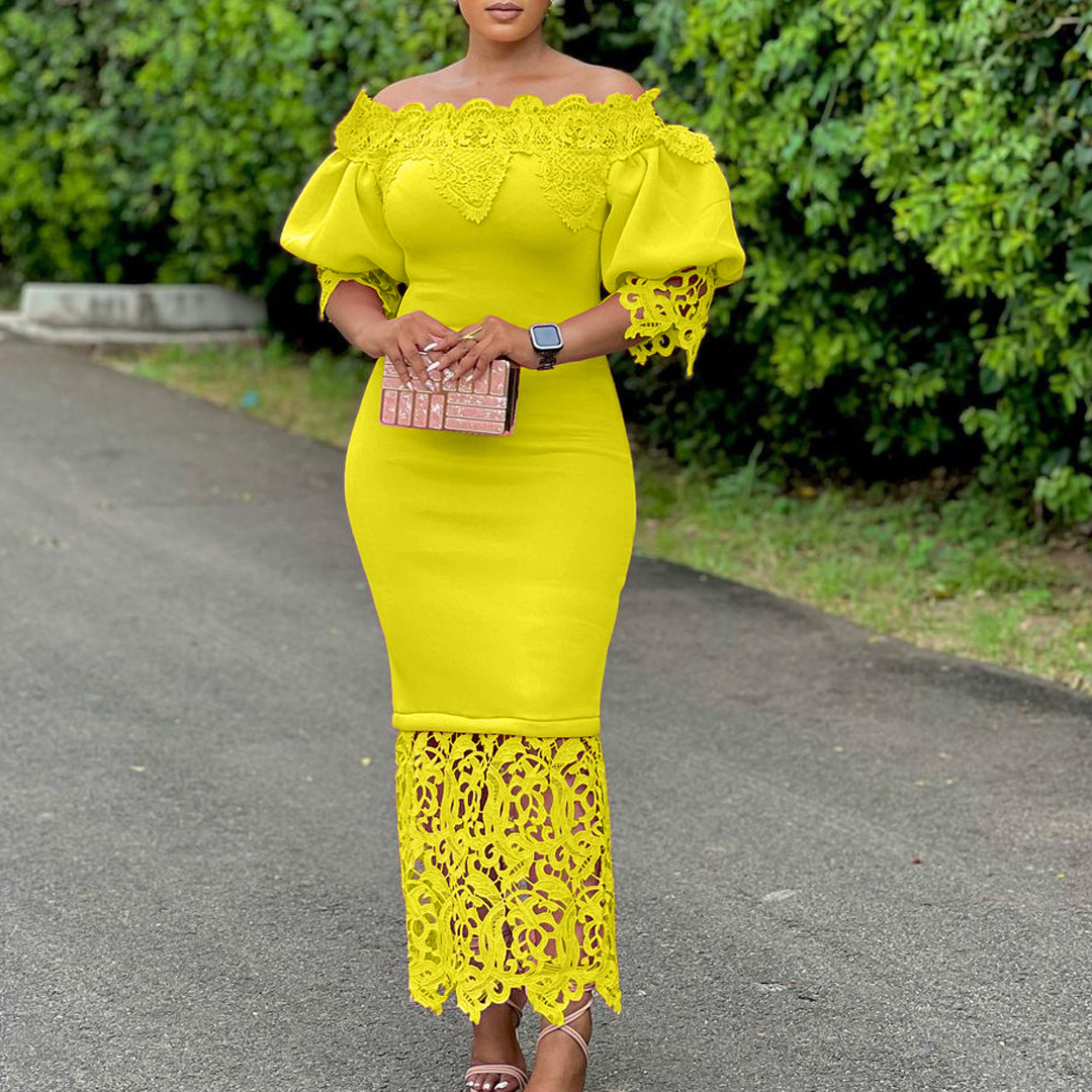 European and American Plus Size Women's Clothing New Fashion Elegant Lace Splicing One-Line Collar Bridesmaid Dress Dress Skirt Export Dress