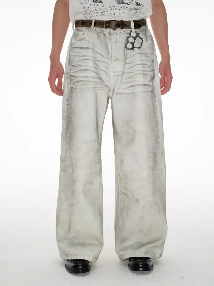 Jcaesar Dirty Denims Dirty Dyed Distressed White Cow Nature Dirty Dyed Pleated Whiskers Straight-leg Wide Legs