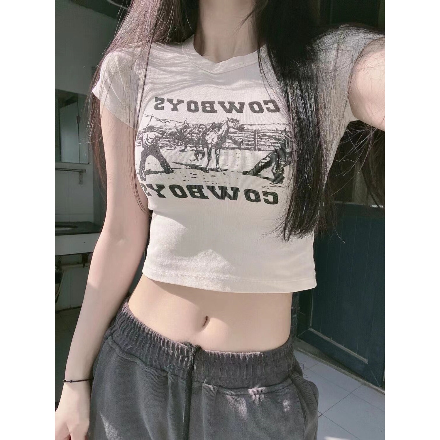 Cotton American-Style Retro Short-Sleeve T-Shirt for Women, Bm Style, Short Summer Top, Sweet and Spicy Girl Style, Slim Fit, White Top