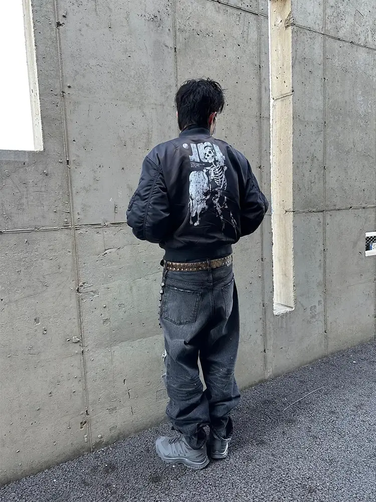 17Stu Far Archive Faded Spray-Painted Distressed Printed Flight Jacket Bomber Short Wide Cotton Jacket