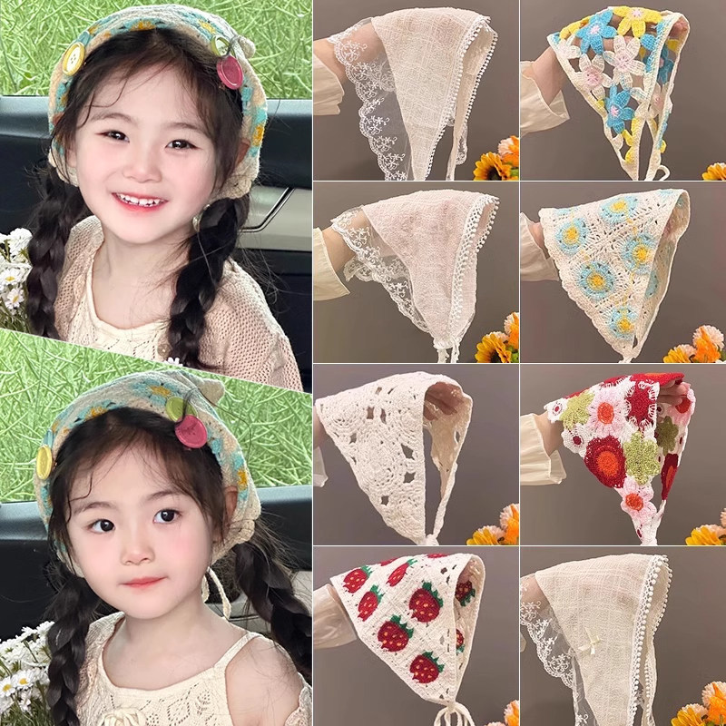 2026 New Style Kidsren's Hairband, Pastoral Style, Sweet Lace Triangle Scarf, Retro Plaid Ribbon Headband, Headband, Hair Accessories