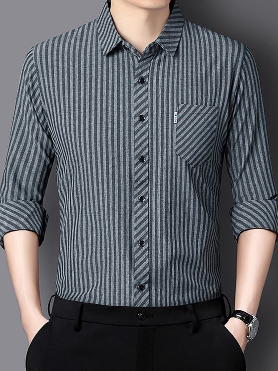 Spring 2025 New Men's Long-sleeved Shirt Men's Real Pocket Business Casual Middle-aged Non-ironing Striped Shirt for Men