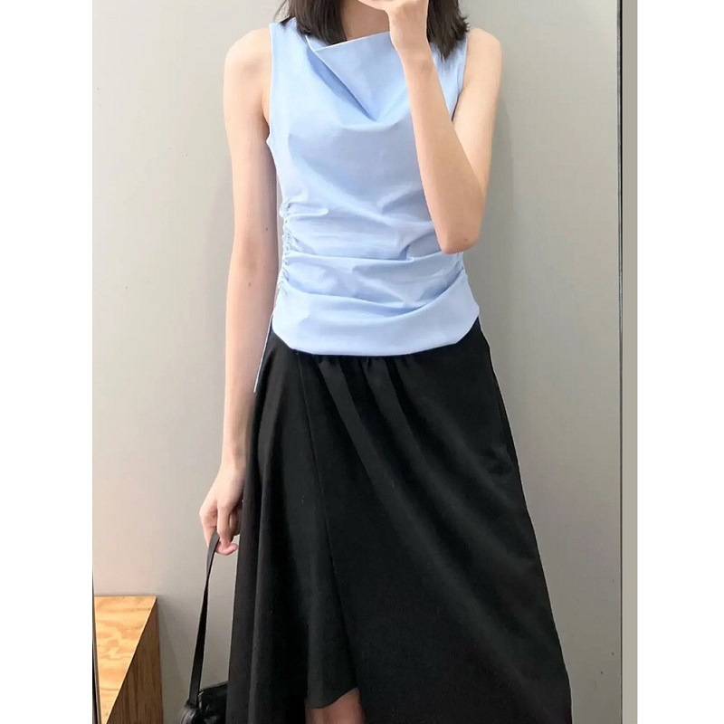 Cos Style 2025 Summer New One-Shoulder Swing Collar Sleeveless Knitted Pure Color Elastic Work Clothing Waist-Covering Belly Vest