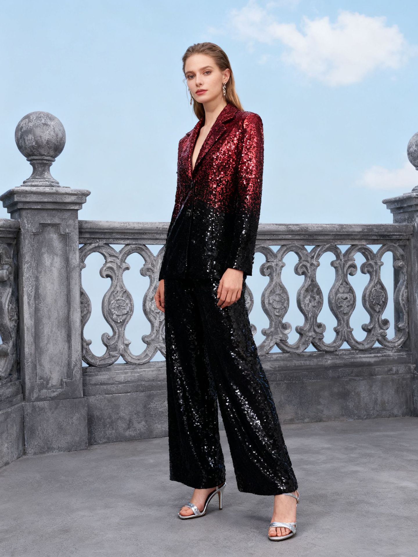 European and American Hot-Selling Gradient Black and White Sequin Blazer 2026 New Women's Straight-Leg Pants Two-Piece Set